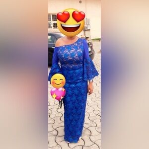 Bespoke Blue Shimmery Lace Dress with One Off-Shoulder, Bell Sleeves & Head Wrap